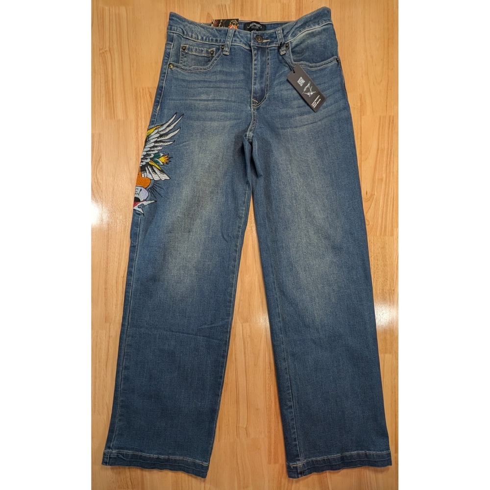 Ed Hardy Womens Wide Leg‎ Embroidered Tattoo Jeans Blue WEHD8300-2 Size 28 NWT